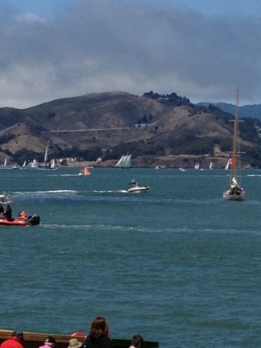 Two mast schooner with 3 sails; Sausalito in background
